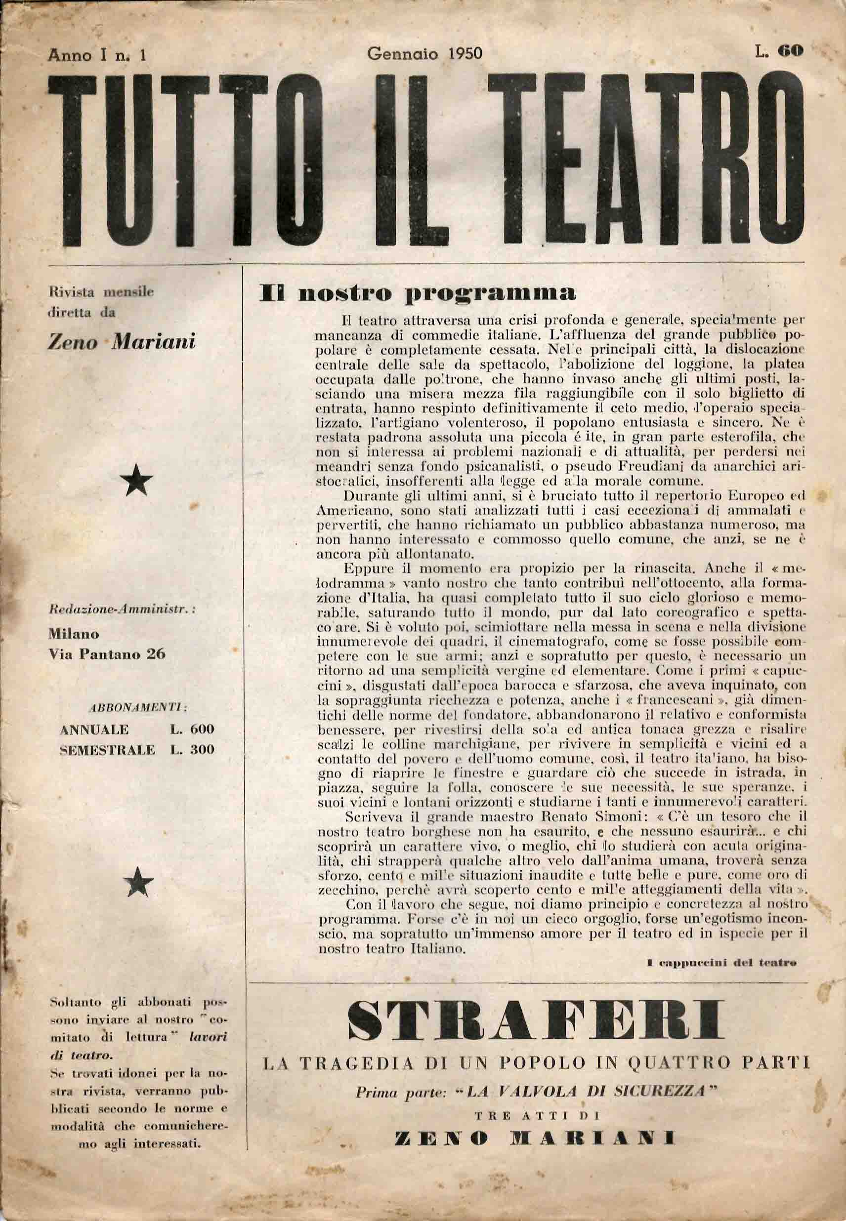 Tutto il teatro. Rivista mensile diretta da Zeno Mariani